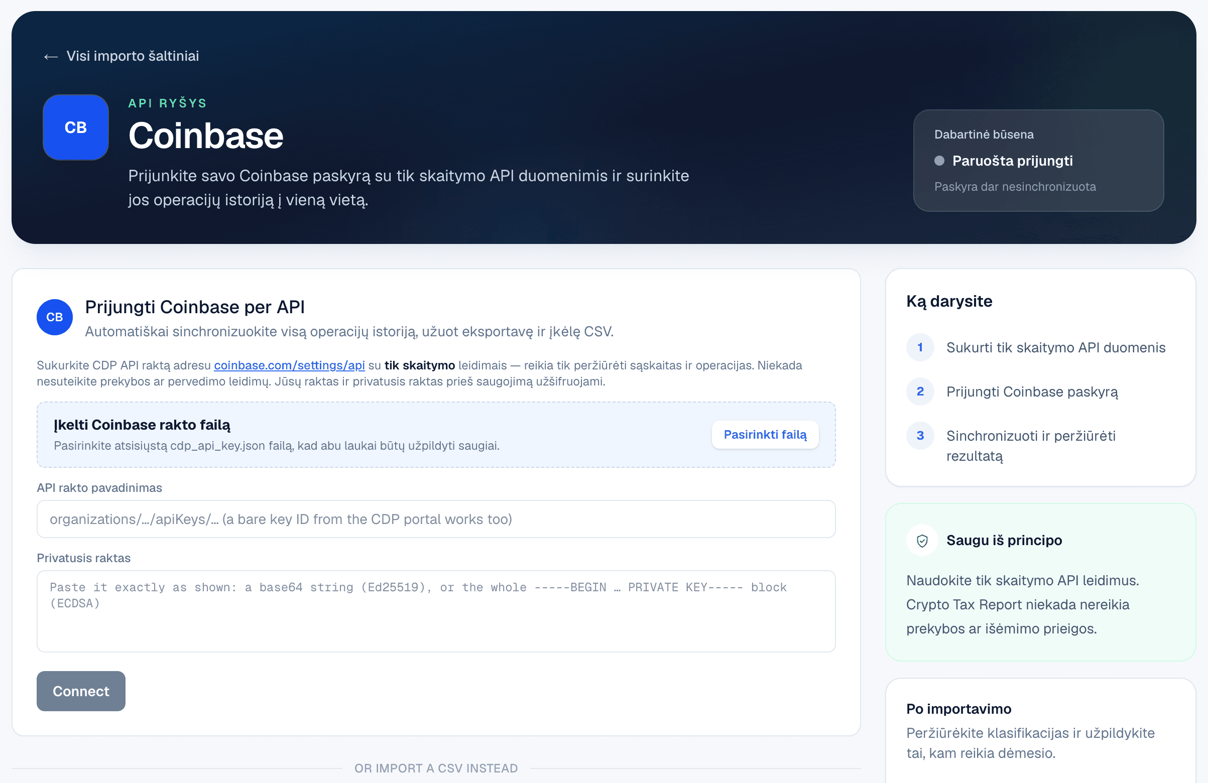 Coinbase importo puslapis: duomenų peržiūros leidimus turintis CDP programavimo sąsajos raktas, rakto failo įkėlimas ir prijungimo veiksmai